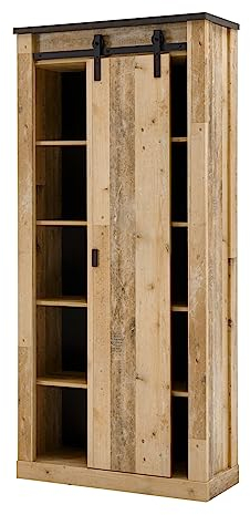 Aktenschrank Büroschrank Holz Used Wood hell und schwarz/anthrazit Büro Regalschrank mit Metall Schiebetürbeschlag im Industrial Stil Mehrzweckschrank Stauraumschrank Hochschrank 93 x 201 cm Stove