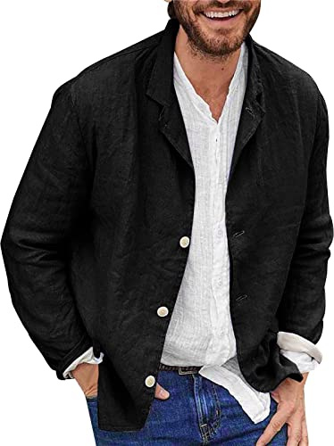 YOUYING Veste pour homme en coton et lin, coupe large, légère, avec revers, vêtements de sport
