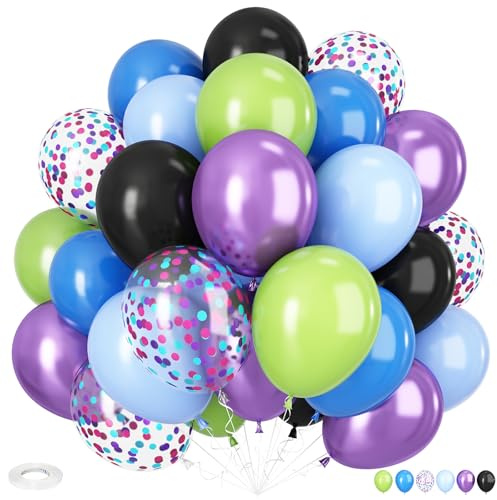 Green Purple and Blue Balloons, 12 Inch Purple Green and Black Balloons Black and Metallic Blue Confetti Balloon for Boys Girls Cartoon Theme Birthday Baby Shower Party Decoration