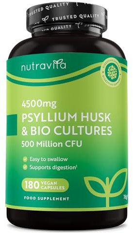 Psyllium Husk 4500mg Vegan con 500 Milioni di CFU, Psyllium Husk Vegano, 180 Geluli di Bucce di Psillio - Integratore Alimentare Transito Intestinale (EFSA) Alternativa a Psyllium Polvere - Nutravita