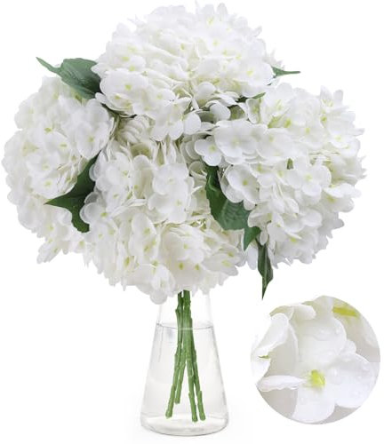 merakdoira Hydrangea Artificial Flowers, 4 PCS Single Long Stem Faux Flowers, 19.6Inch Large Real Touch Fake Flowers Bouquets for Wedding, Home Party, Table Centerpiece, Room & Office Decor(White)