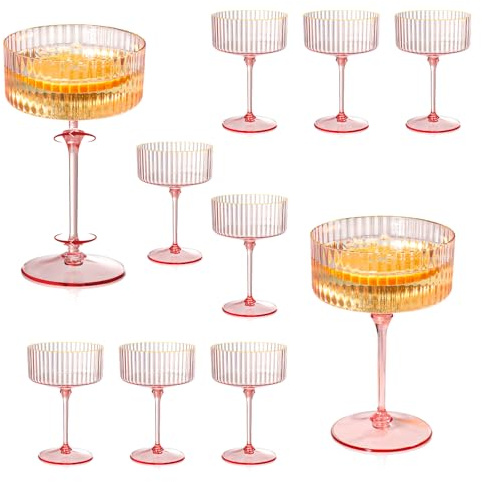 XUWAIDSGN 12 Pcs Champagne Martini Glasses 9 Oz with Gilded Removable Gold Rim Coupe Glasses Pink Martini Glasses Plastic Mimosa Vintage Coupe Glasses Set For Wedding Anniversary (12, Ribbed Pink)