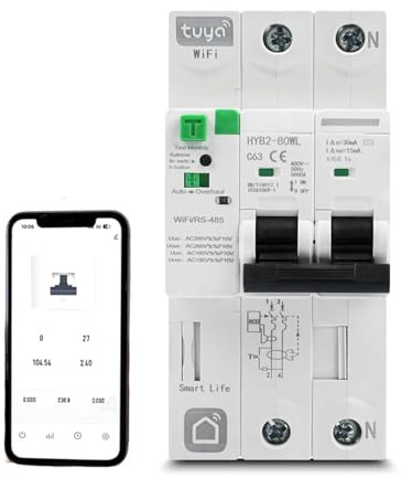 Jadeshay Disjoncteur WiFi intelligent, Disjoncteur Différentiel 63A 30ma 2P Interrupteur Différentiel avec Protection Contre les Surtensions et les Sous-tensions, Contrôlé par l'app Tuya/Smart life