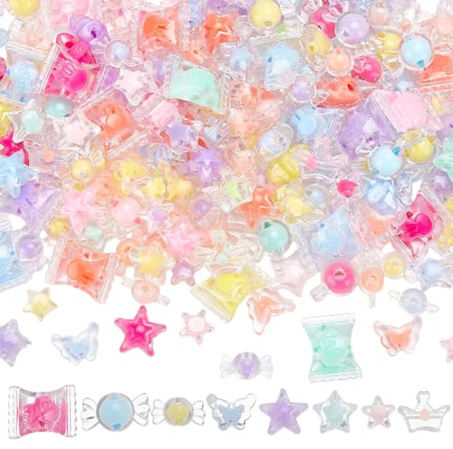 BEAMARKER 240 stycken Kawaii akrylpärlor med godissrosett stjärnkrona fjäril blandade former och färger klara söta pärlor litet hänge för smyckestillverkning armband halsband H