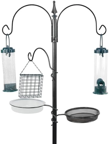 DIVCHI Bird Feeders Hanging Station With 3 Tubes And 4 Hooks, Feeding Pole Metal Bird Feeder Stand, Feeders For Small Birds Garden Decorations (Feeder Included) (Black)