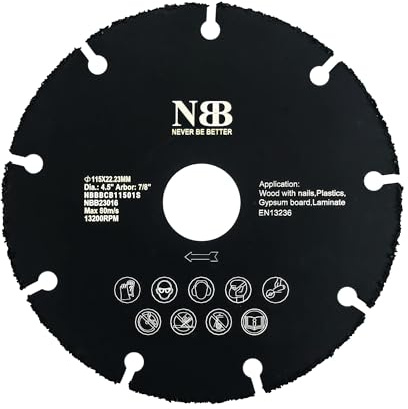 NBB Disco de corte de carburo para corte en madera con clavos laminado plástico y placa de yeso perfiles de aluminio hoja de carbur sierra de carburo de tungsteno para Amoladora fácil uso (1, 115mm)
