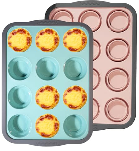 Valyrane 2 Pezzi Stampo per Muffin – Stampo in Silicone per 12 Muffins, Teglia Muffin Silicone con Cornice Metallo, Per Cupcake, Brownies e Budini