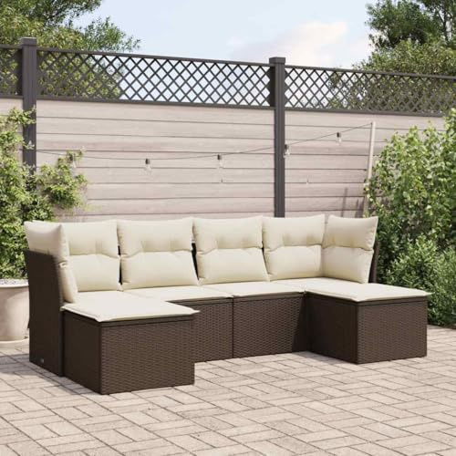 LoogCape Ensemble de 6 meubles de jardin en polyrotin marron avec coussins blanc crème - Groupe de sièges d'extérieur modulaire pour terrasse, balcon et véranda