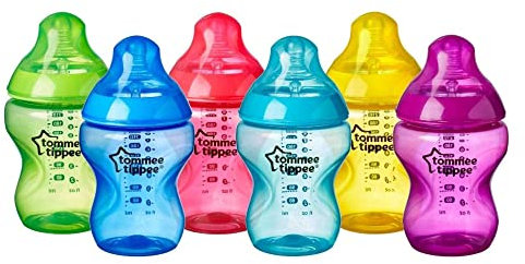 Tommee Tippee Babyfläschchen Fiesta, Ventil Anti-Kolik, Weicher Sauger, 6er Set, 0+ Monate, 260 ml, mehrfarbig