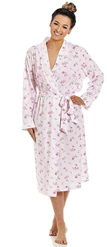 Camille Women's 100% Cotton Dressing Gown | Long-Sleeve, Calf-Length Bathrobe | Wrap Belt Tie Fastening & Front Pockets | Lightweight & Breathable Luxury | Elegant Design Housecoat | Pink 18-20