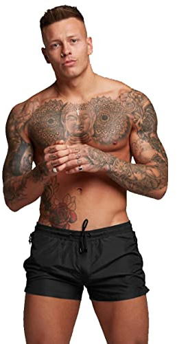 TONLEN Mens Swimwear Sports Shorts Swim Trunks with Zipper Pockets (US, Alpha, Small, Regular, Regular, Black)