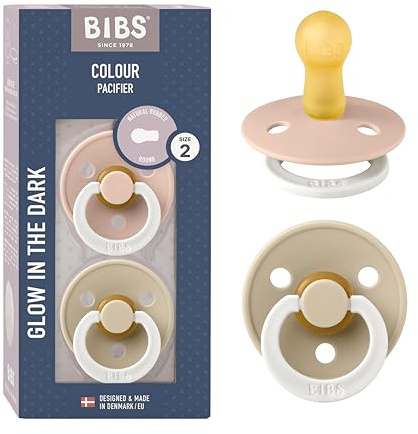 BIBS Colour Glow Soother 2-Pack, Glow in The Dark BPA Free Dummy Pacifier, Round Nipple. Natural Rubber Latex, Size 2 (6-18 Months), Blush Night/Vanilla Night