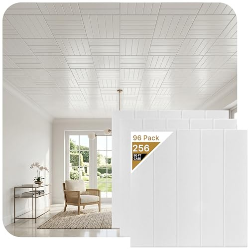 À LA MAISON CEILINGS R104 Bead Board Foam Glue-up Ceiling Tile (256 sq. ft./Case), Pack of 96, Plain White