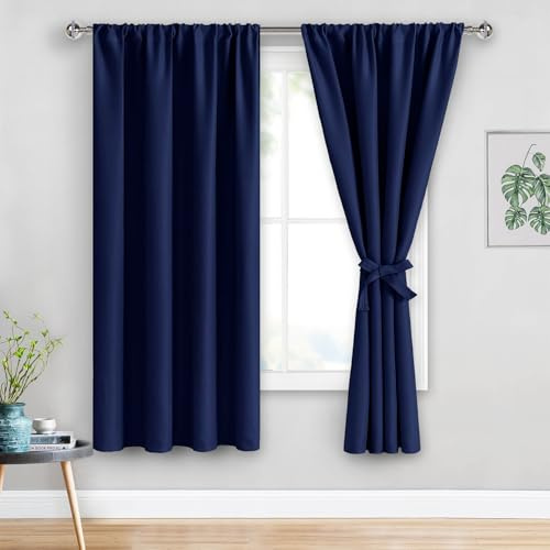 JIUZHEN Rosette Lot de 2 Rideaux occultants pour Salon et Chambre à Coucher - Isolation Thermique - avec embrasses - 106,7 x 160 cm de Long - Bleu Marine