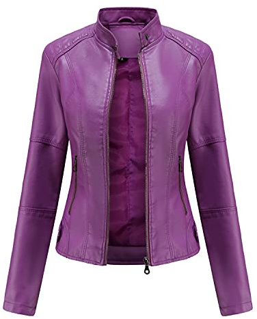 DEAR MODEL Faux Leather Jacket Women Bomber Jacket Women's Belted Motorcycle Jacket,Purple,XXL