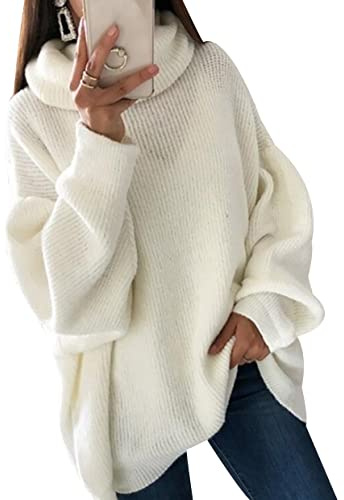 Pull Col Roulé Oversize Grosse Maille Ample Manche Longue Large Blanc 3XL Femme Personnalisable Chaud Tricoté Sweater Gros Pull Tricot