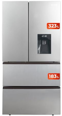 EVVO Frigorífico francés F80X Aqua, 323l + 183l, Motor Inverter, Total No Frost, Multi Air Flow, Dispensador de agua fría, Freon Free (Inox, Con dispensador de agua)