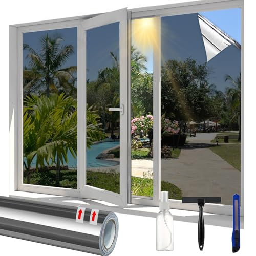 Linarun One Way Window Film Privacy Heat Reflective Privacy Film for Glass Windows Daytime Anti Glare Mirror Tint Sun Blocker for Home Office, Silver 40 * 200 cm