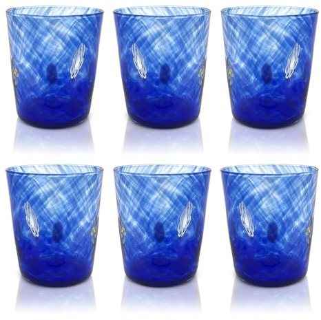 MAZZEGA ART & DESIGN - 6 vasos Tumbler Liberty de cristal soplados y hechos a mano con murrina de Murano, línea I Colori di Murano 350 ml. Fabricado en Italia (BLU, 6)