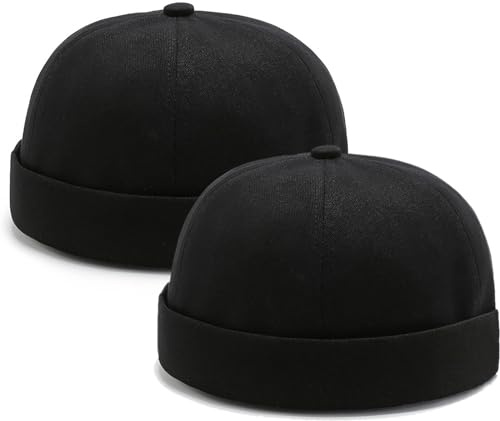 2 Pcs Mens Brimless Docker Cap Skull Cap Worker Sailor Cap Rolled Cuff Retro Beanie Black