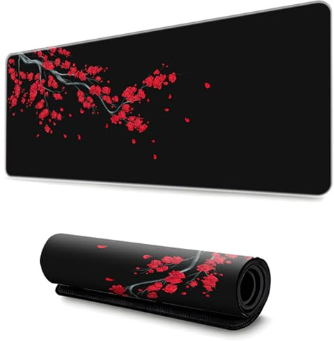 Hixingo Alfombrilla Ratón XXL/XL/L, Sakura Negro Alfombrilla Rató, Alfombrilla Gaming con Bordes Cosidos y Base Antideslizante, Mouse Pad para Hogares y Oficinas (600x300x3mm,Rojo)