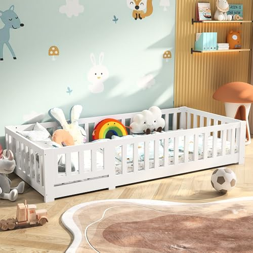 LIVLUX Cama Infantil de 90 x 200 cm, Cama en el Suelo, con Barrera de Seguridad y somier de láminas, Cama Montessori, Madera Maciza de Pino, Blanco, para habitación de niños y niñas (Sin colchón)