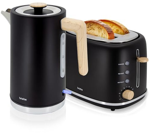 briebe Nordic Ensemble Grille Pain 2 Fentes Tranches Larges, 6 Niveaux de Dorage + Bouilloire Électrique 1,7 L sans Fil, 2200 W, sans BPA, Pack Petit Déjeuner Électroménager, Design Nordique, Noir