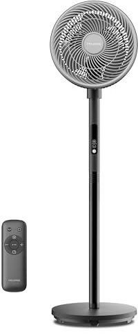 PELONIS Pedestal Fan with Remote Control and Touch Panel, 3D Oscillation, Ultra Quiet, 10m Airflow, Height Adjustable (60cm/111cm), 4 Speeds, Auto Timer, Easy Clean Grille Circulator Fan