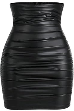 GORGLITTER Women's High Waisted Ruched Fitted Tummy Control Skirt Dressy Casual Leather Bodycon Mini Skirt Black Large