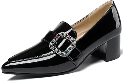 Eestfy Décolleté con Fibbia Decorata con Pietre, Punta a Punta, Tacco Blocco, per Lavoro e Serate, Pelle Lucida, Scarpe da Sera Slip-on, Tacco Medio,Nero,41 EU