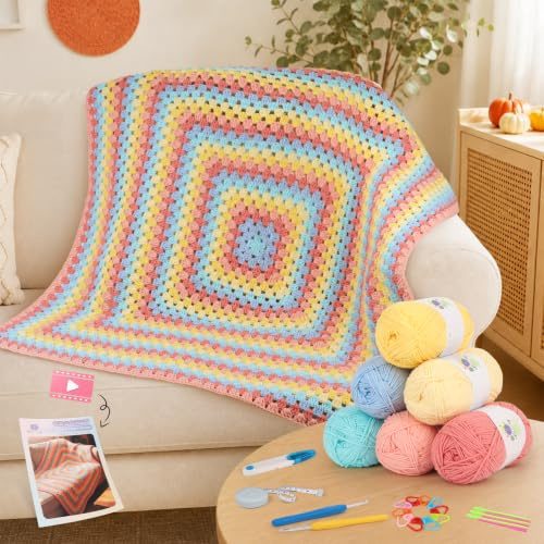 Reessy Crochet Blanket Kit for Beginners, Granny Square Blanket Crochet Kit with Detailed Video Tutorials 600g Blanket Yarn and Crochet Accessories, Super Easy to Crochet Your Own Macaron Blanket