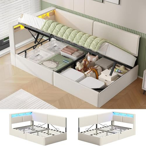 AOGLLATI Canapé 90x200 cm con Almacenamiento Hidráulico, Sofá Cama Individual con Cabecero Tapizado y Luz LED Regulable, Estructura Camas Individuales con Estación de Carga, Cama Juvenil, Beige