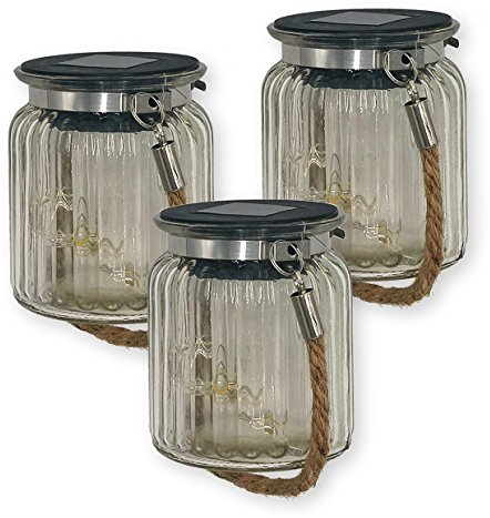 ISOTRONIC LED Solarlampe (3er Set) Solarleuchte / Solar Laterne, Hängeleuchte für Garten, Balkon und Außen – 10 LEDs pro Lampe – Einmachglas / Vorratsglas Deko für Party, Fest, Hochzeit