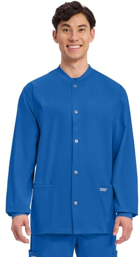 Cherokee Men’s Scrub Jacket Snap Front Medical with 3 Pockets, Knit Cuffs, Soft Fade Resistant 2-Way Stretch - WW360, XL, Royal