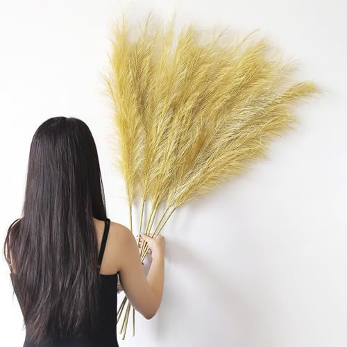 YiYa 6 Pcs Erba di Pampa Decorativa 113cm Decorazione Pampas Secca Grande Fiori Secchi Decorativi per Vaso per Soggiorno, Casa, Pavimento, Vaso, Decorazione Boemia(Oro)