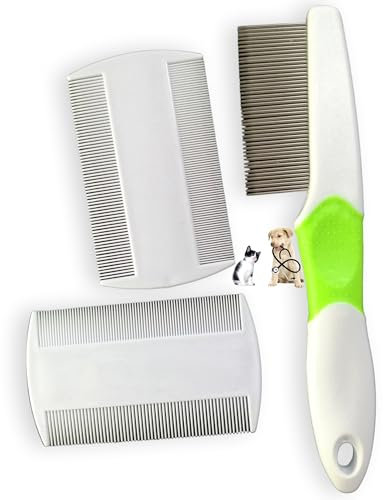 Peigne anti puces chien et chat, ebook offert Elimination des tiques, poux et poussière. Outil de toilettage acier inoxydable. Brosse à pointes arrondies anti blessure pour la peau Couleur aléatoire