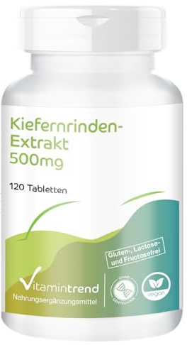 Vitamintrend Extracto de corteza de pino 500 mg, 120 comprimidos, alta dosis, con vitamina C, complemento alimenticio vegano sin estearato de magnesio, fabricado en Alemania