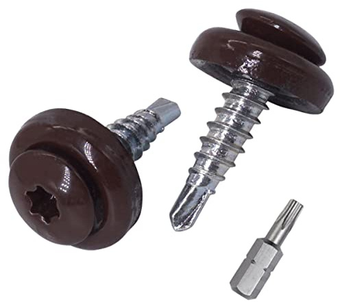 SKIR'CO (40 st) Takskruvar i metall, 4,8 x 20 mm målade självborrande skruvar med EPDM-brickor, torx-huvud (chokladbrun RAL 8017)