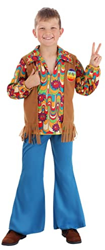 Woodstock Hippie Costume for Boys with Shirt, Vest Panels & Bell Bottom Pants, Groovy 60s 70s Kids Halloween Outfit Medium