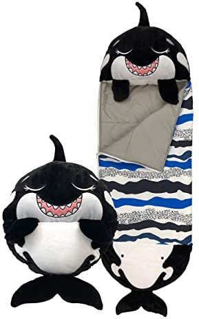 Happy Nappers Saco de Dormir para niños, tiburón Negro, Juguete de Felpa, cómodo Saco de Dormir y Almohada esponjosa, Todo en uno, Bonito Regalo de cumpleaños, Ideal para Jugar, Siesta, Fiestas de