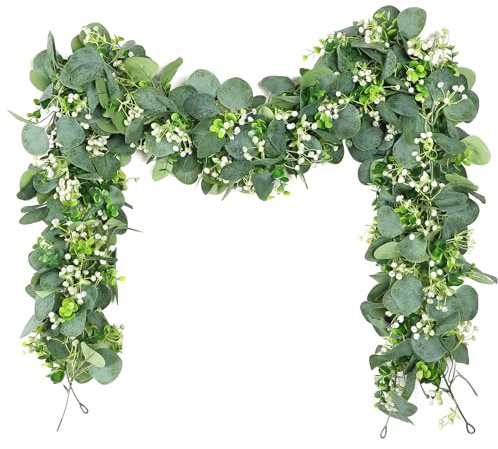 SOMYTING Eucalyptus Garland, 2 Packs 5.9FT Greenery Garland with Gypsophila Flowers Artificial Faux Silver Dollar Eucalyptus Leaves Fake Vines for Indoor Outdoor Table Mantle Home Party Wedding Decor
