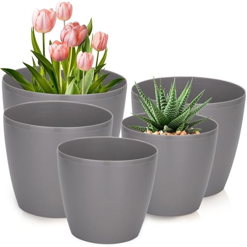 PECZEKO Set di 5 vasi da fiori lucidi, 12/13/15/18/21 cm, in plastica, per piante, grandi e piccoli, set di 5 vasi per erbe, colore giallo