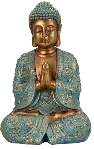 Geschenkestadl Buddha Figur groß 41,5cm türkis Gold Betende Hände, 881358