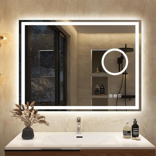 S'bagno Bluetooth Miroir Salle de Bain avec Eclairage 80x60cm, Miroir LED Salle de Bain avec Loupe 5X, Anti-buée, 3000K/4000K/6500K, Dimmable, Mémoire, Verre trempé HD, IP44 Miroir Salle de Bain