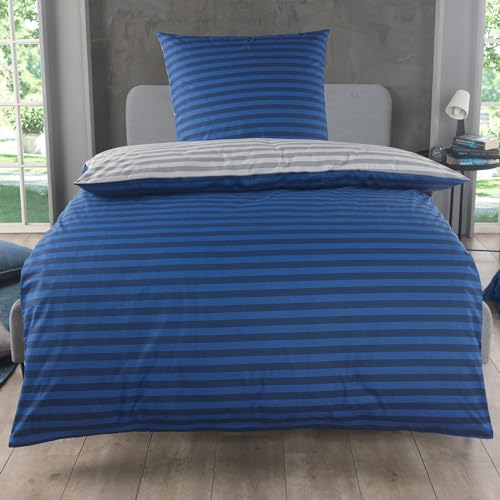 MALIKA Bettwäsche 135x200 Baumwolle, 2-teiliges Set, Streifenmuster, Wende Bettbezug 135 x 200 cm, Kissenbezug 80x80 cm, Renforcé, atmungsaktiv, maschinenwaschbar, Blau