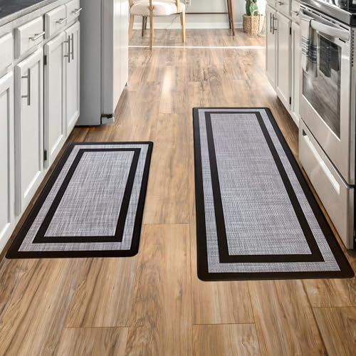 Yutoy Küchenteppich Waschbar Rutschfest, 2 Stück Küchenläufer Rutschfest, Teppich Läufer Küche, Anti Ermüdungs Küchenmatte, Kitchen Rug für Küche, Fußböden, Büros, Waschküche, Schwarz und Grau