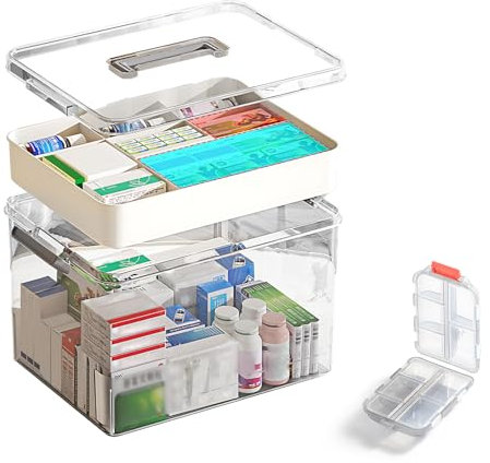 Medikamenten Aufbewahrung,Medizinbox Doppelschichtig, Hausapotheke box karton für Medikamente, Multifunktions Aufbewahrungsbox , Apothekenbox mit Tragegriff, 26x18x15cm Medizinkoffer für zuhause