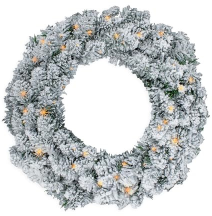 Corona di abete a LED con neve e glitter bianco caldo, 61 cm/50 LED, funzionamento a batteria con timer, ghirlanda decorativa per Natale, Avvento, inverno