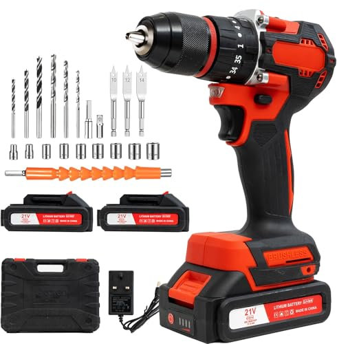 OUTIGO Taladro Percutor a Bateria 21V, Taladro Torque 42 Nm, 25+1 Niveles de Torque, Luz LED, 2 Velocidades, 27 Accesorios DIY para Reparaciones y Bricolaje