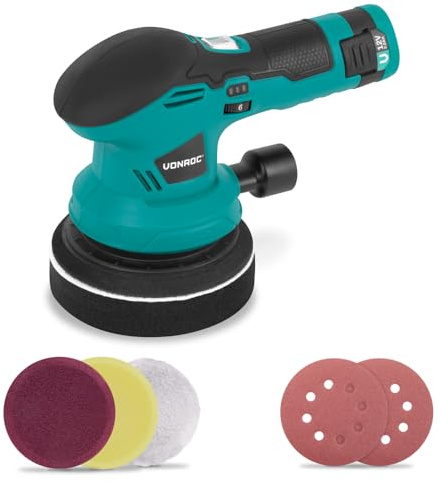 VONROC Polermaskin 12V - Ø125mm - Dubbelverkande - 2i1: polering och slipning - | Inkluderar batteri, USB-C-kabel, 4 polerskivor och slippapper